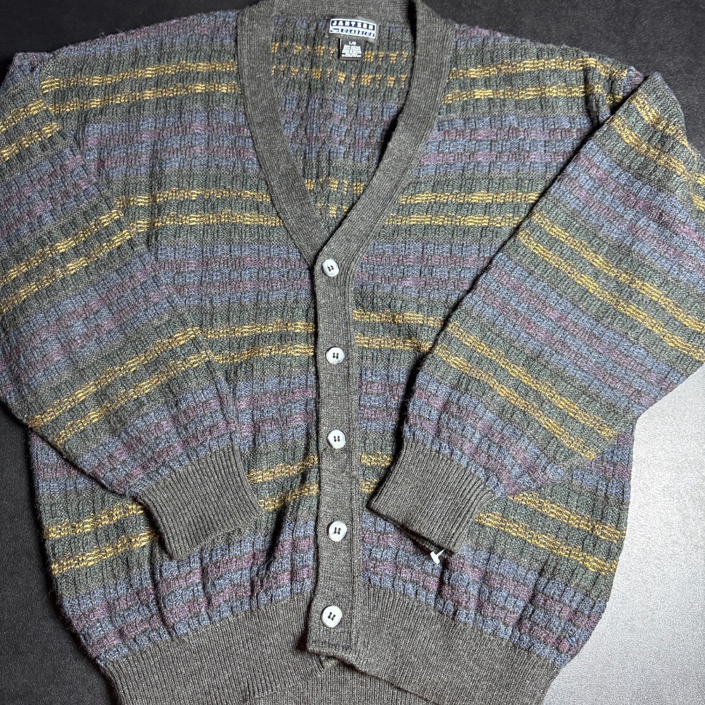 Jantzen‎ Cardigan Sweater Mens Large Gray Striped Textured Knit Vintage 90s